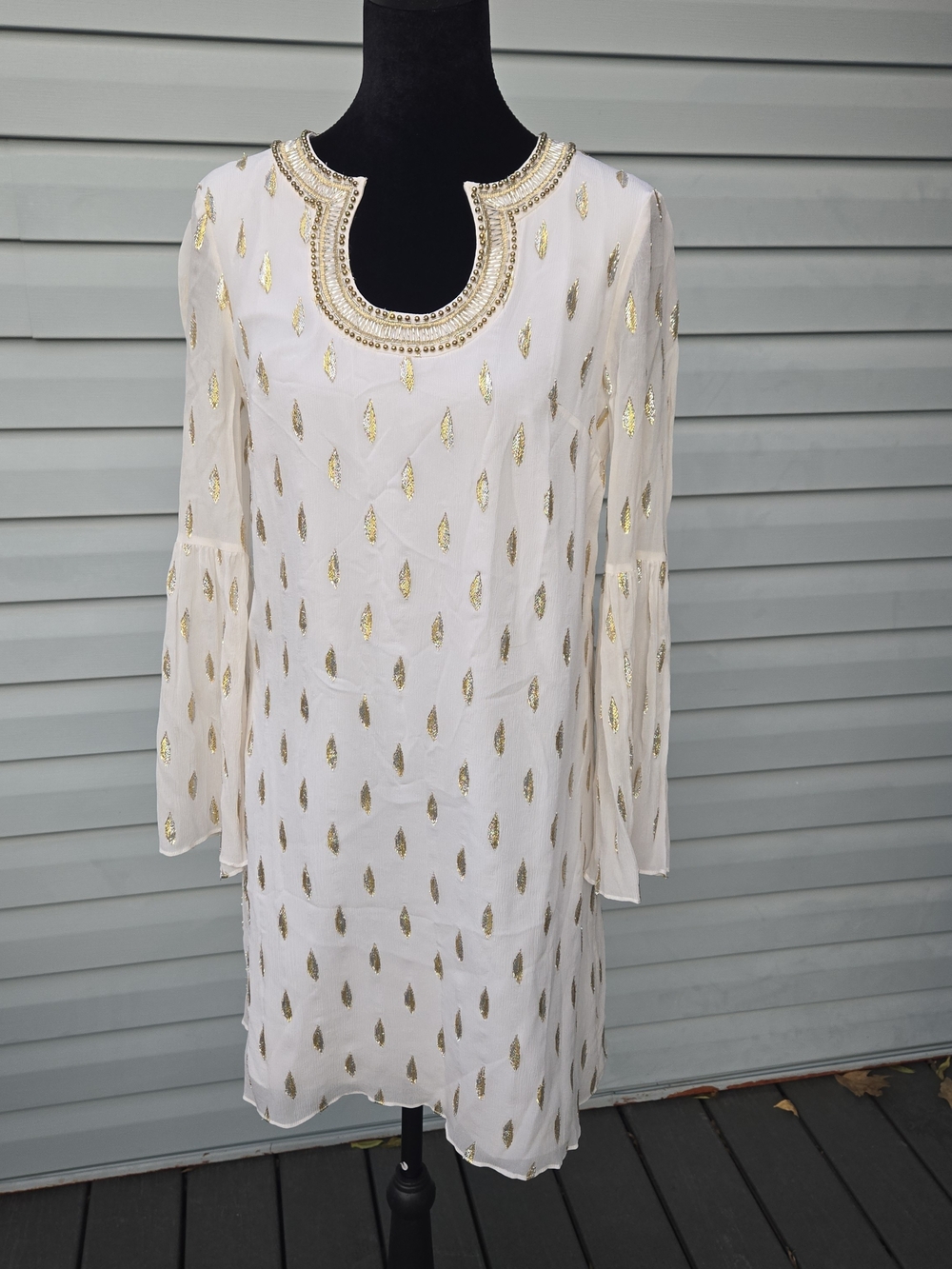 Lilly Pulitzer White Silk Metallic Gold Fil Coupé Beaded Tunic Dress 4 | Resort